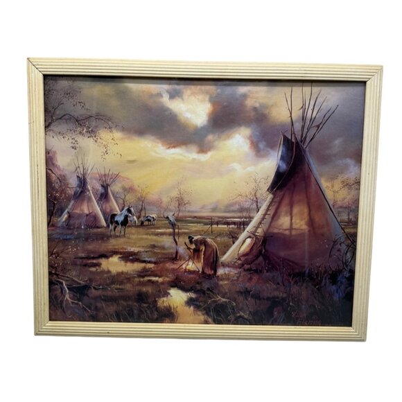 Native American Landscape Art Print  Wooden Frame By H. Fleming 21.5x17.5" READ - Picture 1 of 11